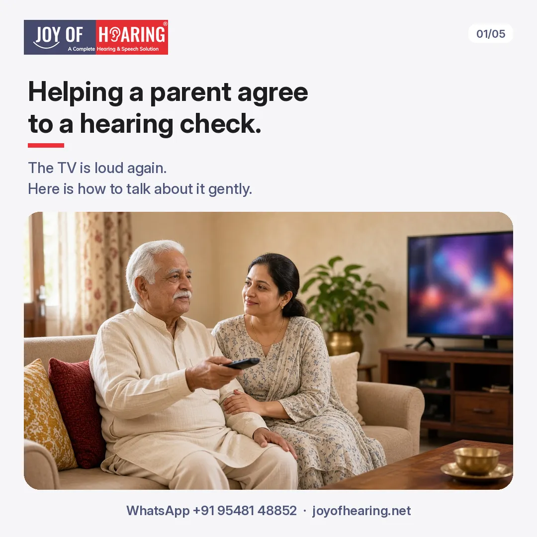 An older man on a sofa points a TV remote at the television while his daughter rests a hand on his arm, beside "Helping a parent agree to a hearing check."