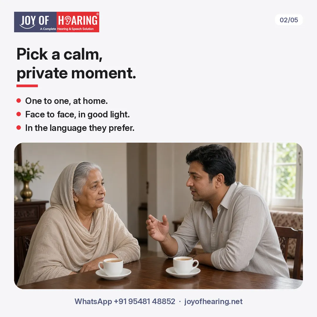 An older woman in a dupatta and her son talk face to face over two cups of chai, beside "Pick a calm, private moment."