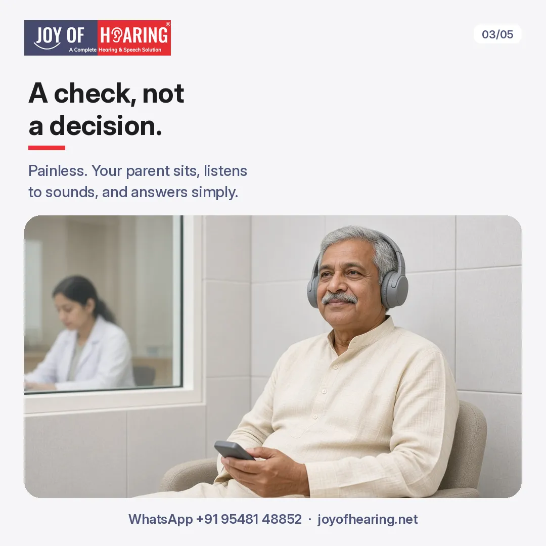 An older man in grey headphones sits relaxed in a sound booth holding a response button, with a clinician in a white coat behind the glass, beside "A check, not a decision."