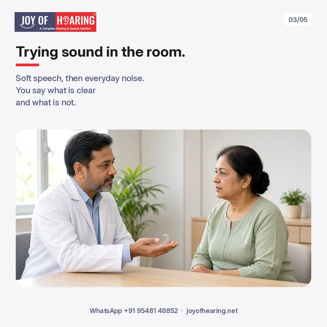 A doctor holds a hearing aid toward a woman beside “Trying sound in the room.”