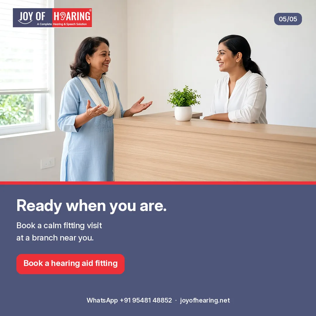 A woman at reception, with “Ready when you are.” and a button to book a hearing aid fitting.
